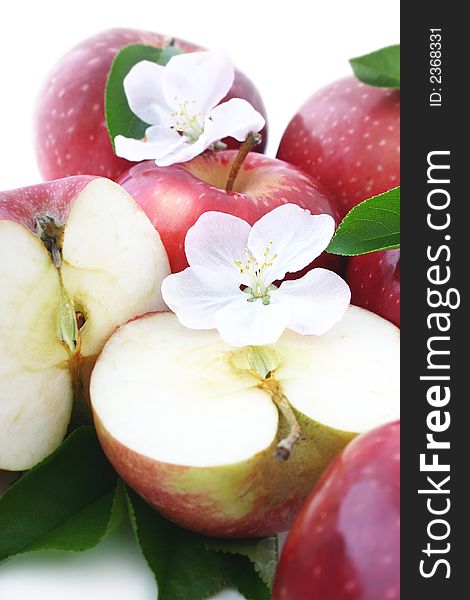 Red apples  and white flower on a white background.