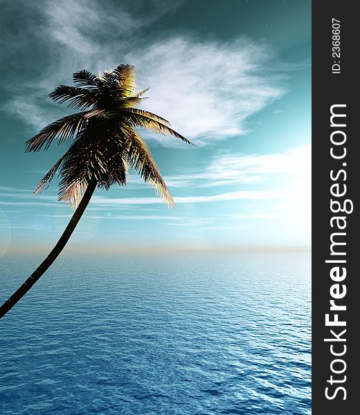Coconut palm and sunset sky with clouds - 3D scene.