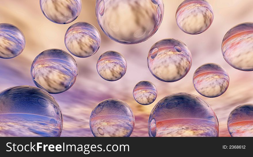 Rising water balls on sky background - digital artwork.