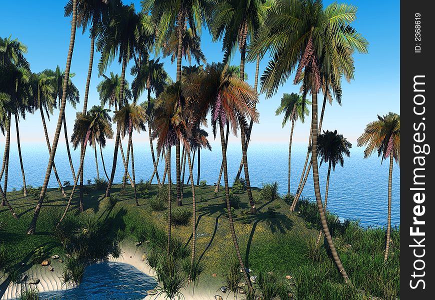 Ocean lagoon with coconut palm trees - 3d illustration. Ocean lagoon with coconut palm trees - 3d illustration.