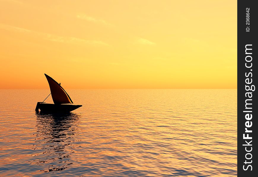 Small boat and  sunset  sky - 3d landscape scene .