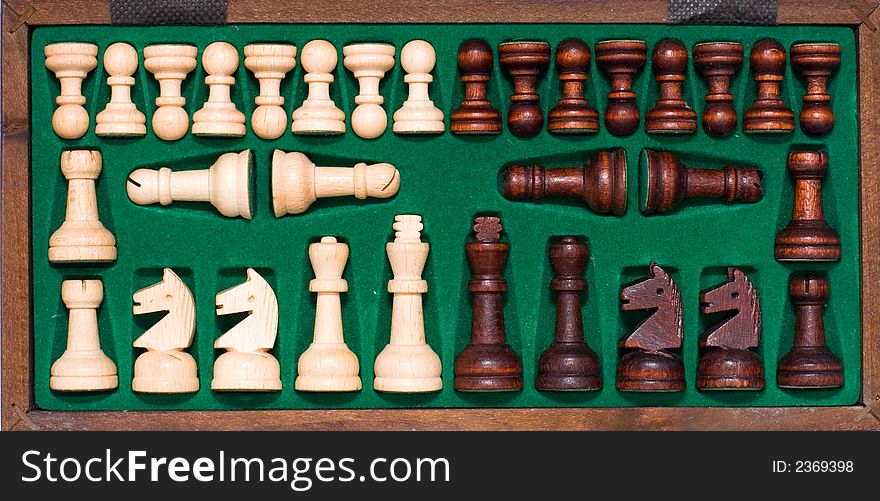 Chess Pieces In Wooden Box