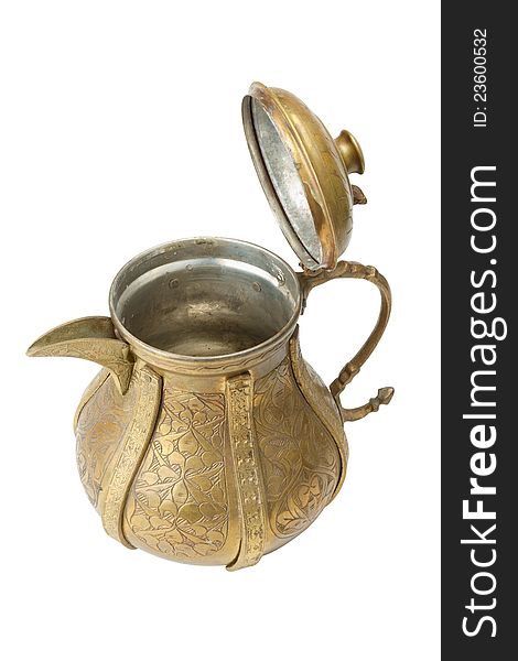 Ancient ornamental teapot, jug, open, top view, isolated on white background