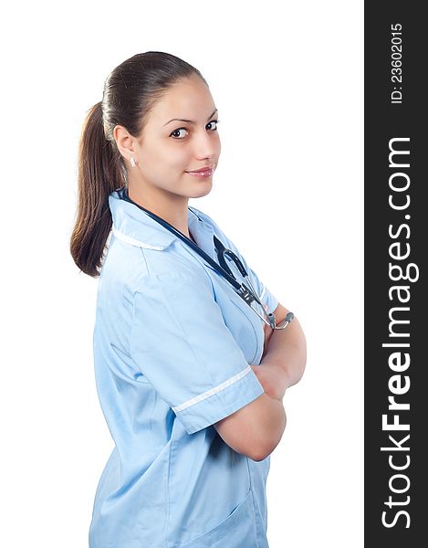 Portrait of smiling woman doctor from profile