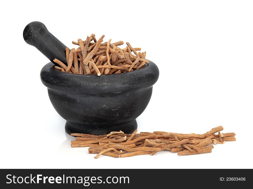 Achyranthus root used in traditional chinese herbal medicine in a black granite mortar with pestle over white background.