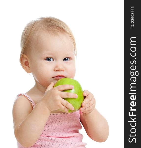 Baby girl holding green apple isolated on white background. Baby girl holding green apple isolated on white background