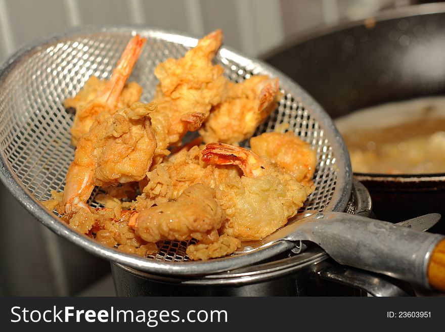 Cooking fried prawn in kitchen. Cooking fried prawn in kitchen