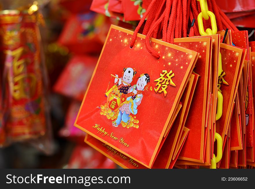 Chinese new year gift bags in the market. Chinese new year gift bags in the market