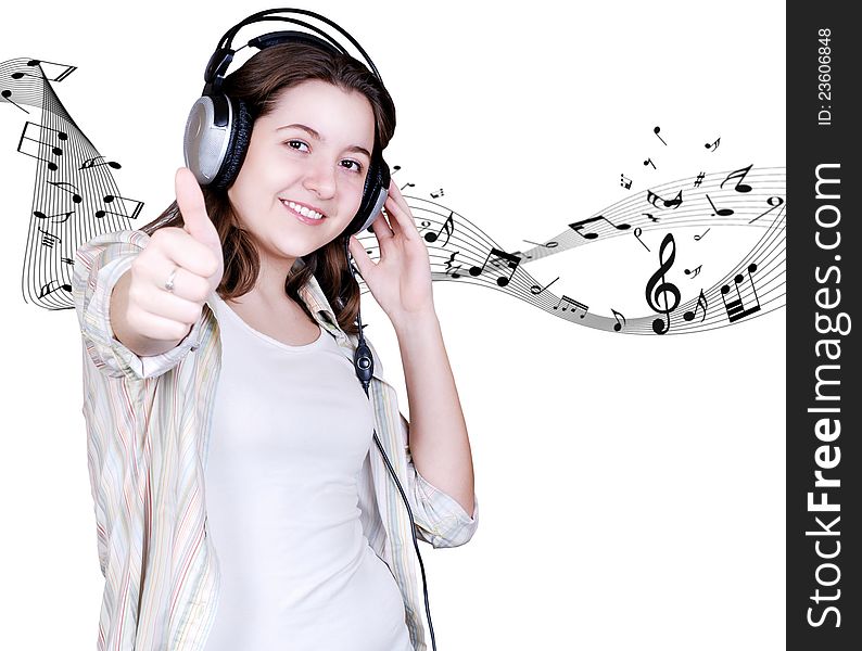 Happy Teenage girl in headphones on white background with music signs