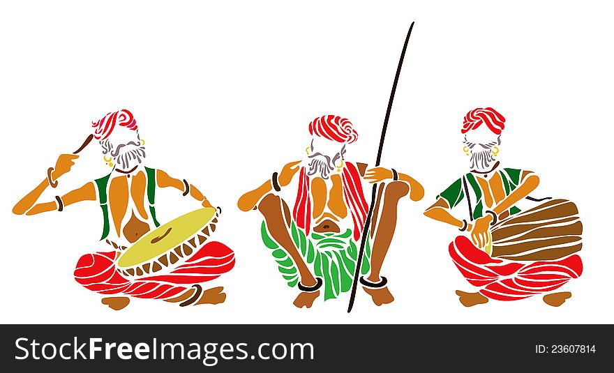 Illustration of folk singer and folk drummers from the part of Rajasthan in India. Illustration of folk singer and folk drummers from the part of Rajasthan in India.
