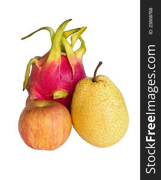 Dragonfruit,apple and pear isolated on white. Dragonfruit,apple and pear isolated on white