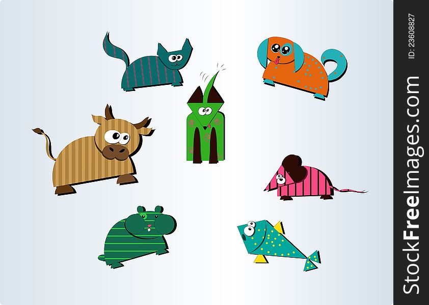 Collection of seven cute farm and pet animals vector illustration