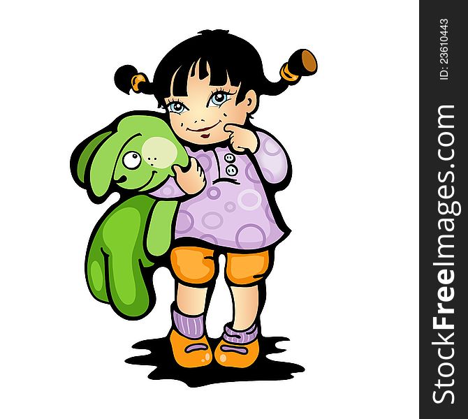 Vector illustration of a girl with green bunny