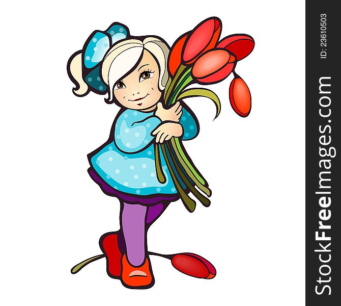 Vector illustration of a girl with bunch of tulips