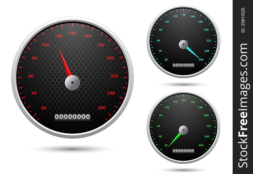 Set of speedometers in various colors on white