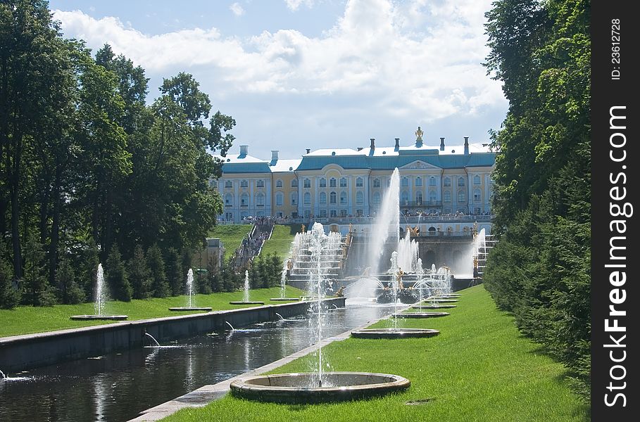 Grand Cascade Fountains at Peterhof Palace garden, St. Petersburg. Russia