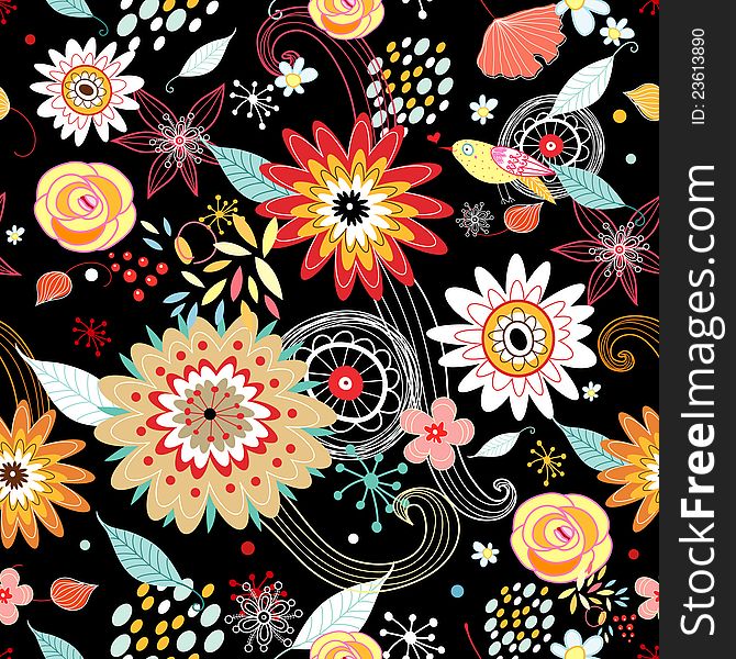 Seamless pattern with autumn flowers and bird on a black background. Seamless pattern with autumn flowers and bird on a black background
