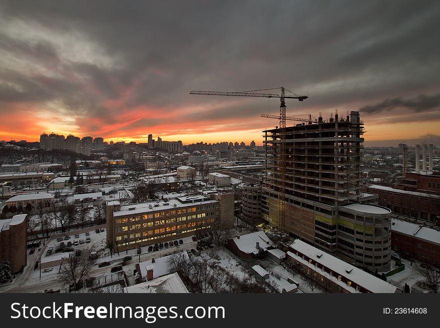 Building a skyscraper, winter landscape