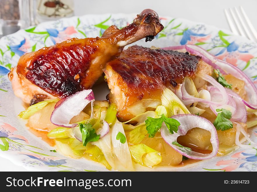 Roast Duck with vegetables on plate