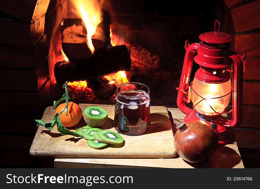 Fireplace lantern fire drink coctail