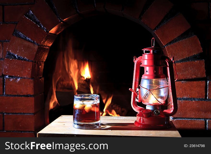 Fireplace lantern fire drink coctail