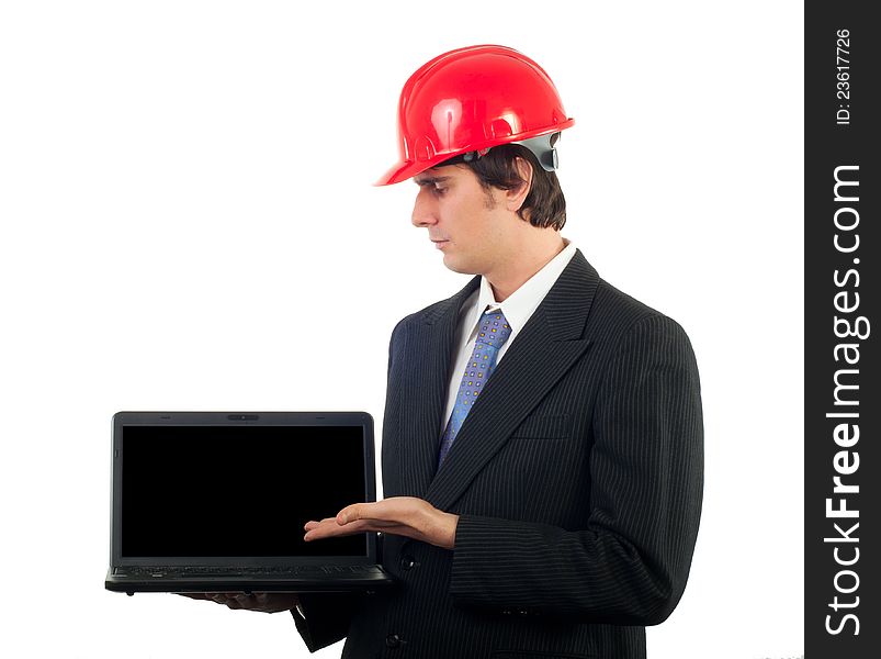 Engineer showing your content on laptop screen