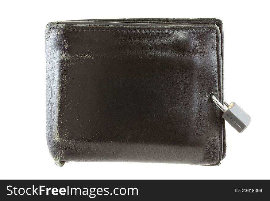 An old Black leather wallet with a pad lock, isolated on white background