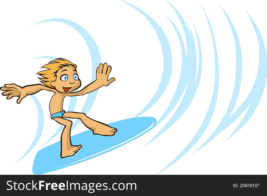 Illustration of a boy surfing in the ocean