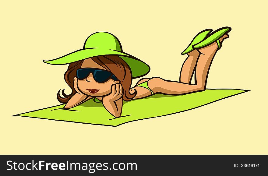 Illustration of a pretty girl on vacation, sunbathing on the beach. Illustration of a pretty girl on vacation, sunbathing on the beach