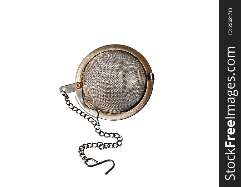 Tea strainer  after used in white background. Tea strainer  after used in white background