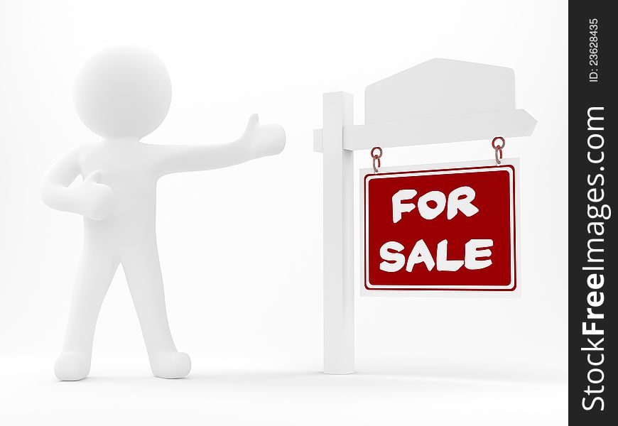 3d render of a human and a sale sign on a white background. 3d render of a human and a sale sign on a white background