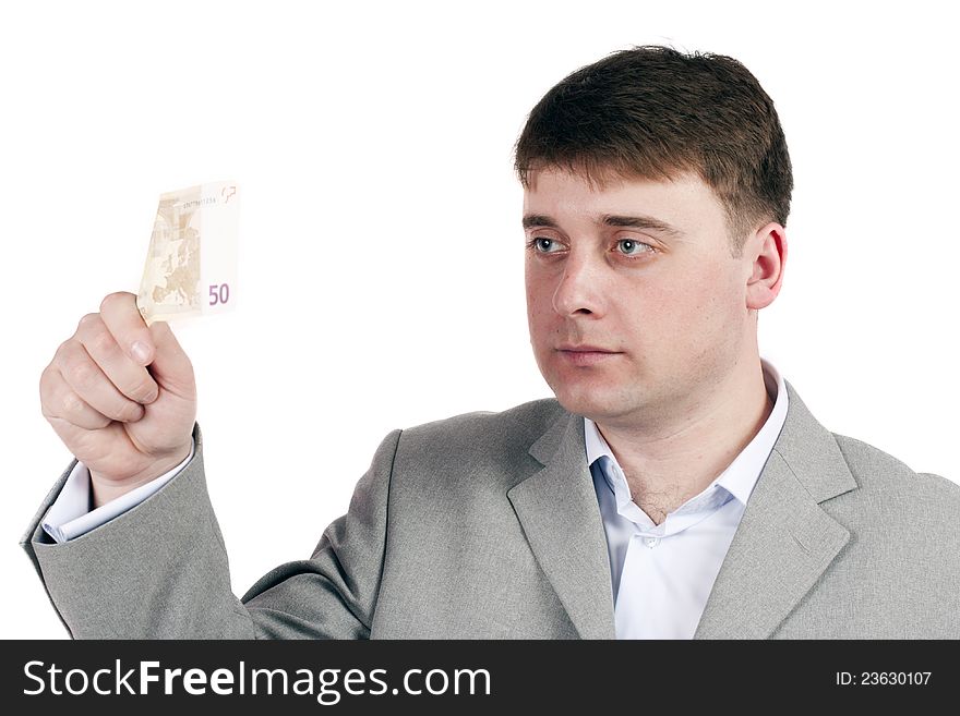 Man on a white background is considering the money. Man on a white background is considering the money