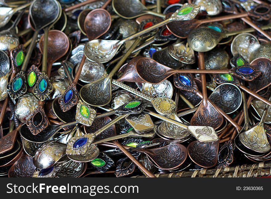 View of Turkish decorative teaspoon. It's copper spoon.