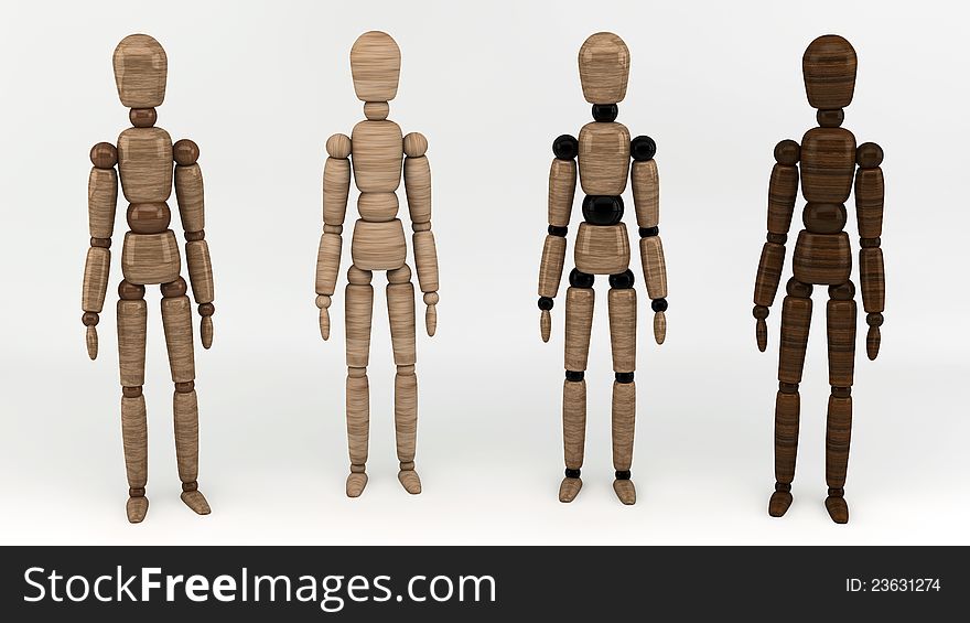 Modular, articulated wooden man figurines on white