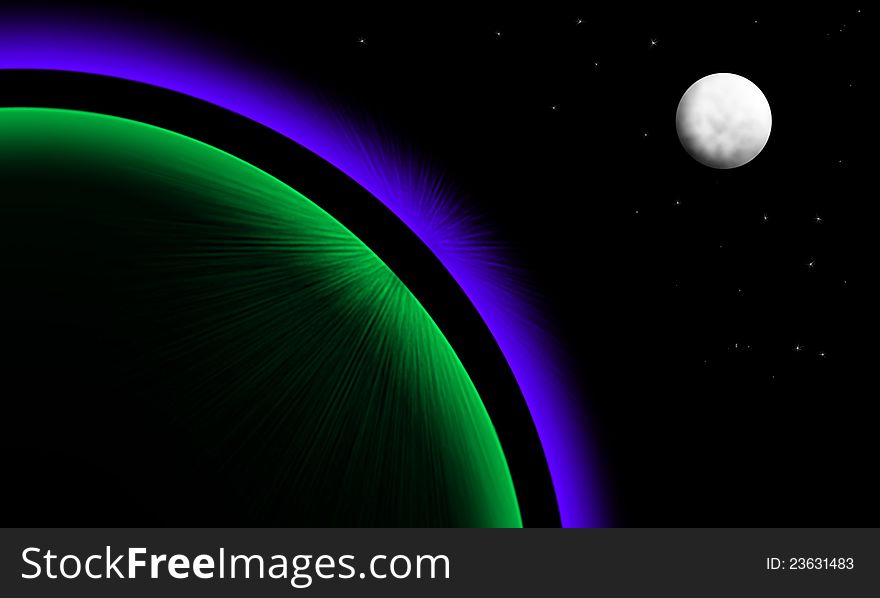 Planet With Aurora And Moon