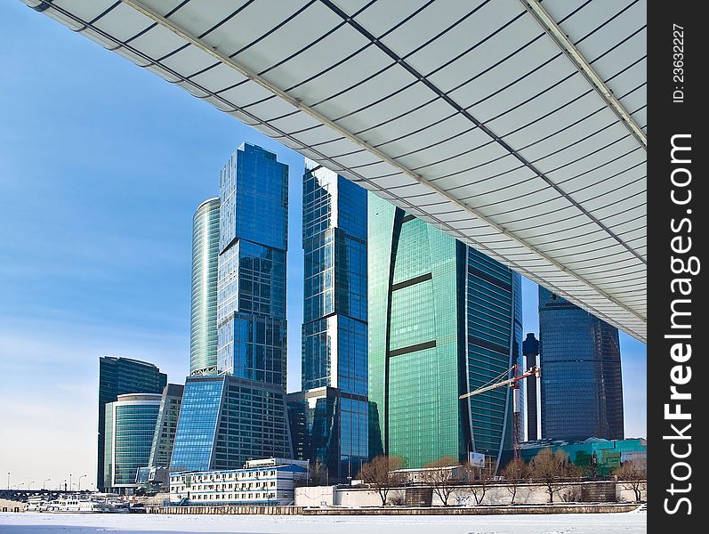 Moscow City. View from frozen Moskva River under the bridge Bagration. Moscow City. View from frozen Moskva River under the bridge Bagration