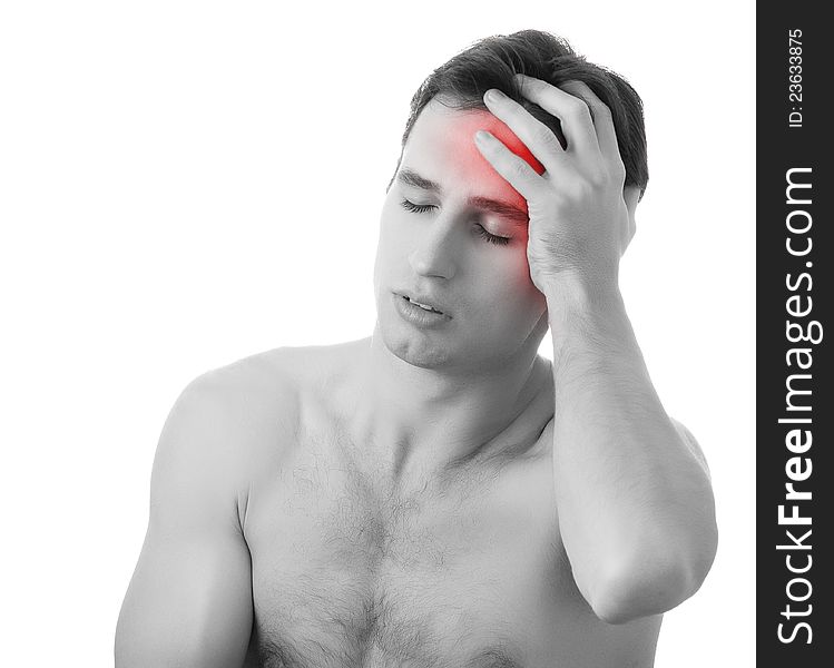 Man with headache isolated on white background, monochrome photo with red as a symbol for the hardening