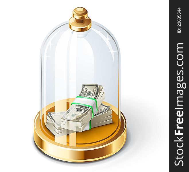 Vector illustration of dollars under the glass dome on white background.