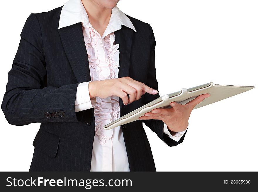 Business woman with touch pad computer, Isolated on white