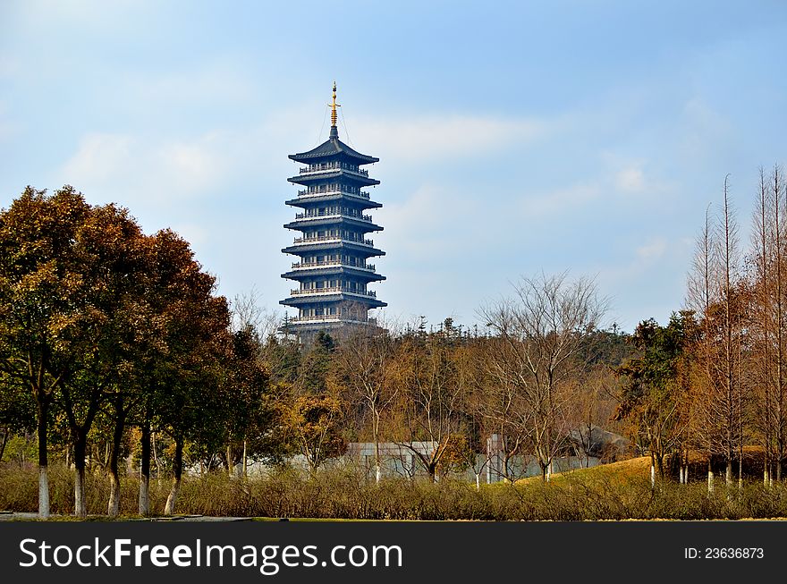 Spring pagoda in the woodsï¼ŒTaken in Jiangsu, China, a Forest Parkï¼ŒIn early spring morning