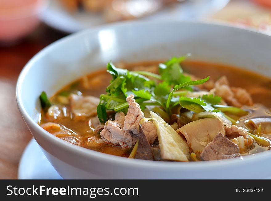 Close-up of pork spare rib soup , hot and spicy food. Close-up of pork spare rib soup , hot and spicy food