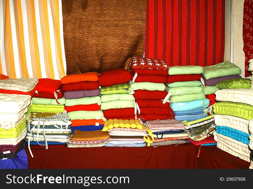 Colorful cotton fabrics in an indian market shop