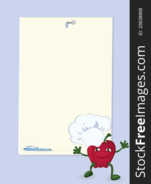 Apple-cartoon-character-near-menu-board