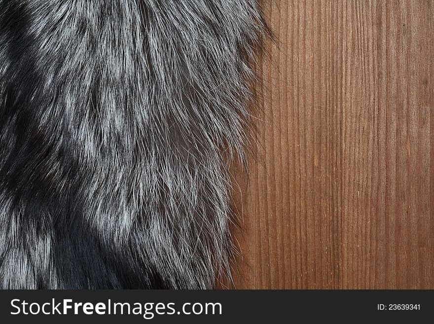 Closeup of natural silver fox fur on wooden surface