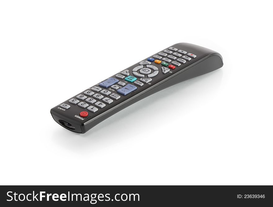 Modern black remote control on white background with reflection. Clipping path is included