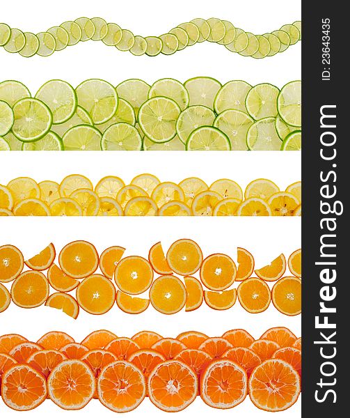 Slices of various citruses on white background