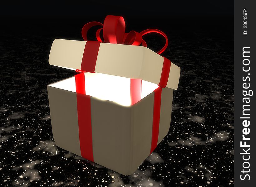 A semi-open gift box with red ribbon and bow on abstract plan with a light that comes from within