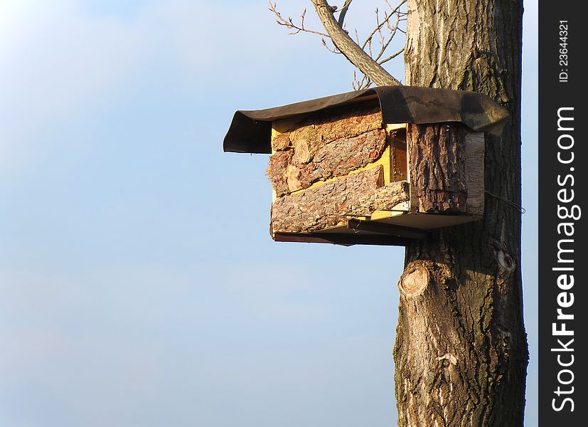 Little artificial house for birds on a tree. Little artificial house for birds on a tree