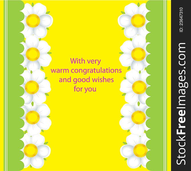 Yellow card with white flowers and congratulations