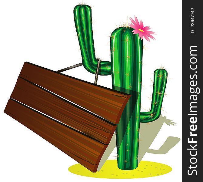 Green cactus with pink flower and wooden billboard. Green cactus with pink flower and wooden billboard